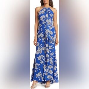 NWT Calvin Klein Beaded Halter Necklace Sleeveless Floral Print Gown